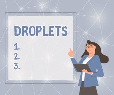 İlham, damlacıkları gösteriyor. Bir sıvının çok küçük bir damlasının kavramsal fotoğrafı bazı ıslak yerlerde bulunabilir. İş kadını tasviri. Dizüstü bilgisayarını elinde tutuyor..