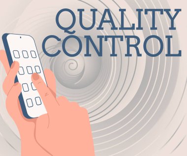 Kalite Kontrolü gösteren bir tabela. Standart Hands Holding Teknolojik Aygıt Uygulama Tuşu ile satılan ürün veya servisin sigortalanması için sözcük.