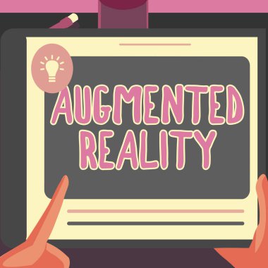 Kavramsal ekran Artırılmış Gerçeklik. Yeni İnanılmaz Fikirler İçin Büyük Tablet Arama Planları Kullanan Bir Elin Gerçek Dünya Çevresindeki İllüstrasyonunun Etkileşimli Deneyimi