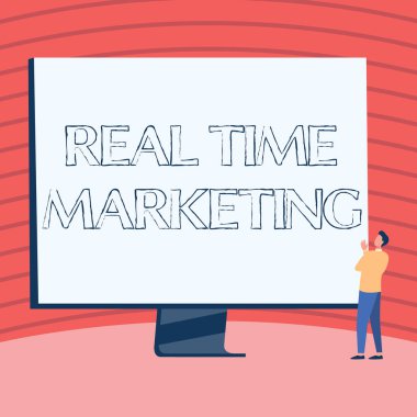 Metin gösterimi, Gerçek Zaman Pazarlaması yazılıyor. Sözcük Yazıldı Mevcut İlgili Eğilimler üzerine odaklanmış bir strateji Oluşturuluyor Adam Duran Çizim Geniş Ekran Görüntüleme Haberleri.