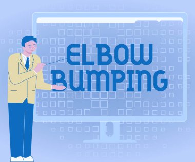 Metin işareti, dirsek çarpmasını gösteriyor. Kavramsal fotoğraf yeni trend olmuş tokalaşma. İki ayrı dokunuş iş adamı ayakta duran grafikler sunuyor. Bilgisayar ekranında harika fikirler.