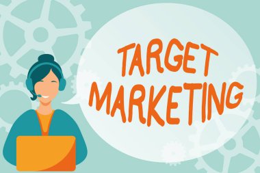 Metin Hedef Pazarlama gösterimi yazılıyor. İş dünyası piyasa segmentasyonu Seyirci Hedef Müşteri Seçici Kadın Çağrı Merkezi İllüstrasyonu Kulaklıklı Konuşma Kabarcığı Konuşması.