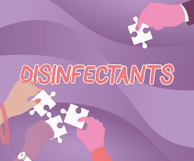 Dezenfektanları gösteren mesaj işareti. Zararlı mikroorganizmanın bitkisel formunu yok eden iş dünyası kimyasalı. Birbirine yardım eden yapboz parçaları..