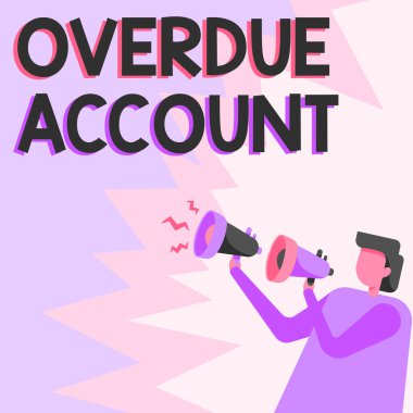 Kavramsal Ekran Gecikmiş Hesabı. İş konsepti kredileri ve diğer yükümlülükler, ellerinde yeni bir duyuru yapan bir çift Megafon çizen işadamları tarafından ödenmemiş olarak kaldı..