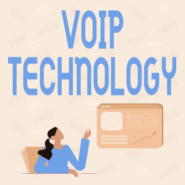 Kavramsal başlık Voip Technology. İş Genel Görünümü Voip Technology Hattı Oturan Kadın için Web Tarayıcı Ekranı ile Yeni Fikirler Sunar
