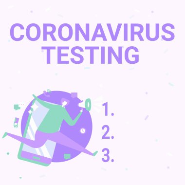 Coronavirus Testi 'ni gösteren bir tabela. SARSCoV2 Man 'in Telefon Yaparak Çalışan Megafon Çizen Megafonu tanımlamak için uygun bir hastadan numune koleksiyonu.