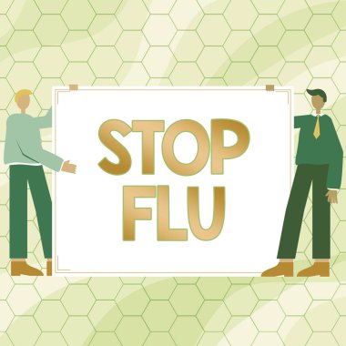 Gribi durdurma işareti. İş dünyası vitrininde grip virüsünün yol açtığı bulaşıcı solunum hastalığını tedavi edin Boş Kağıt Arkaplan Çizen İki Adam Yeni Fikirler Sunuyor.