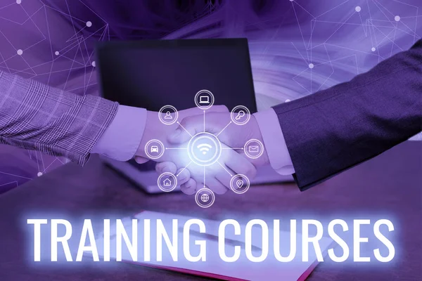 Conceptual caption Training Courses. Business overview is series of lessons or lectures teaching skills you need Hands Shaking Signing Contract Unlocking New Futuristic Technologies.