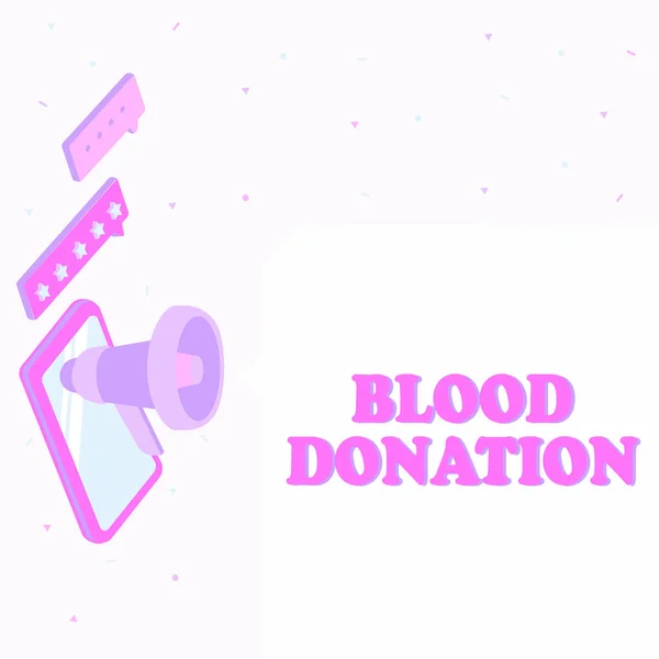 显示献血的文字标志。Megaphone绘图制作雷管示警全血型对称性采集、检测及存储的互联网概念过程. — 图库照片