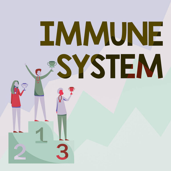 Text showing inspiration Immune System. Concept meaning host defense system comprising many biological structures Three Competitors Standing On Podium Holding Trophies Celebrating Victory.