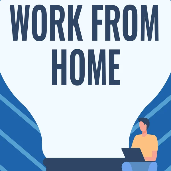 Τίτλος κειμένου που παρουσιάζει την εργασία από το σπίτι. Επιχειρηματική επισκόπηση εργασίας από το σπίτι τζέντλεμαν κάθεται και χρησιμοποιώντας το φορητό υπολογιστή δίπλα σε ένα μεγάλο λαμπτήρα φωτός. — Φωτογραφία Αρχείου
