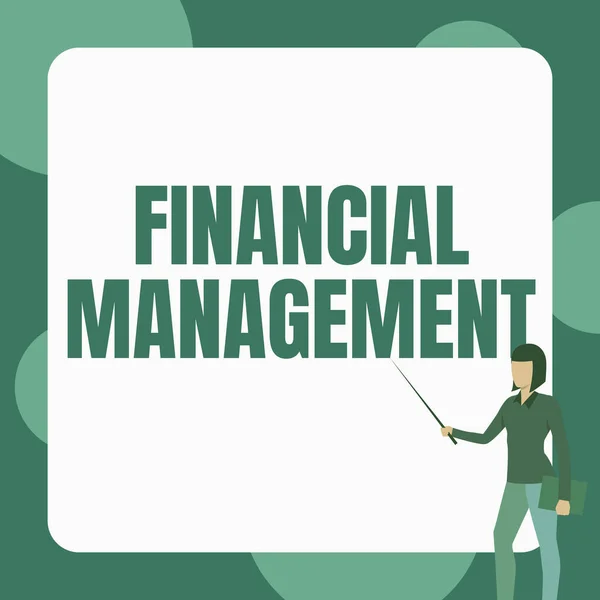 Podpis koncepcyjny Financial Management. Koncepcja oznacza skuteczny i wydajny sposób zarządzania pieniędzmi i funduszami Lady Standing Holding Notebook, wskazując kij w białej tablicy. — Zdjęcie stockowe