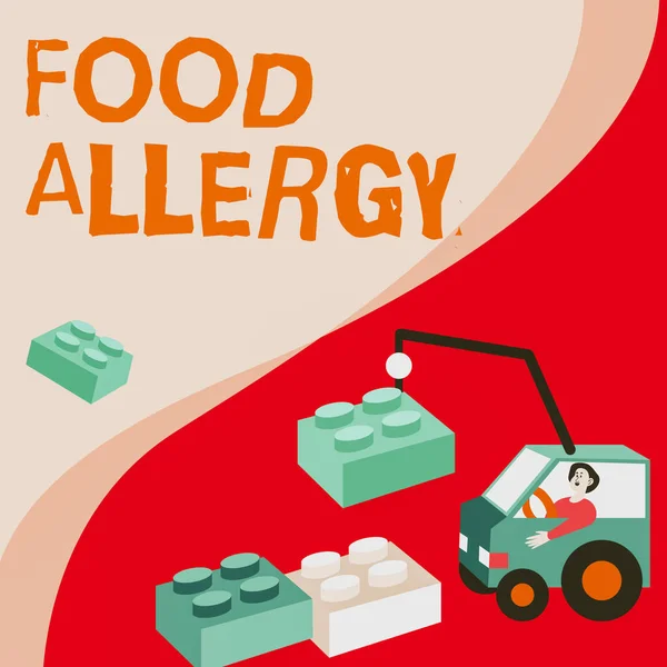 Légende conceptuelle Allergie alimentaire. Approche commerciale Réaction du système immunitaire qui se produit après avoir mangé un certain aliment Man In Crane Moving Around Blocks Présentation de nouvelles idées. — Photo