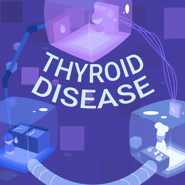 Text caption presenting Thyroid Disease. Business concept the thyroid gland fails to produce enough hormones Joined Booths Providing Necessary Workplace Resources.