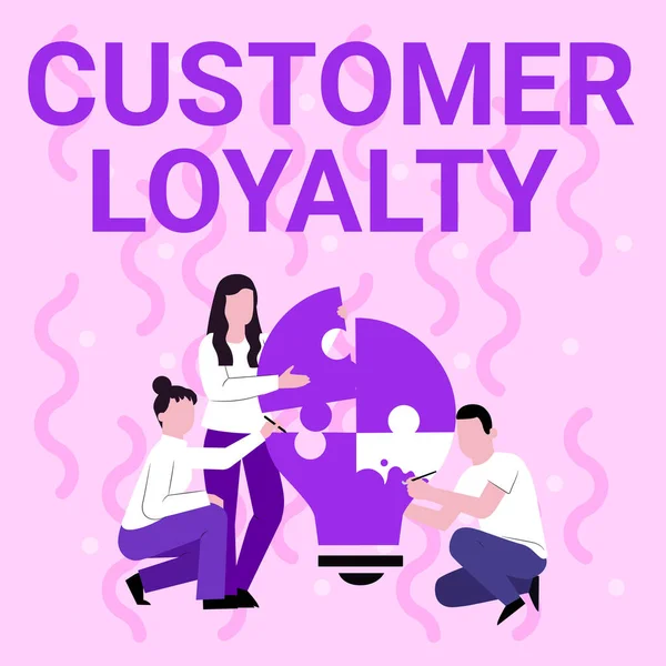 Sign displaying Customer Loyalty. Conceptual photo result of consistently positive emotional experience Employee Drawing Helping Each Other Building Light Bulb Jigsaw Puzzle. — Stock Photo, Image