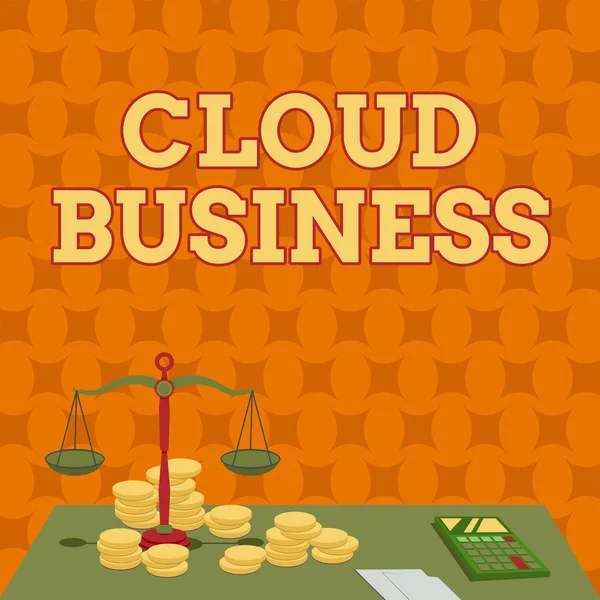 Wyświetlacz koncepcyjny Cloud Business. Obliczanie pojęć biznesowych, które opiera się na współdzielonych zasobach obliczeniowych Skala salda otoczona przez kalkulator monet Liczenie kredytów hipotecznych. — Zdjęcie stockowe