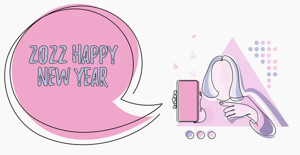 Szöveg megjelenítése 2022 Boldog új évet. Üzleti áttekintés a naptári év kezdetének ünneplése 2022 Vonalrajz a Lady Holding telefonhoz Új ötletek bemutatása Beszédbuborékkal. — Stock Fotó