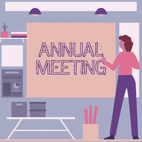 Inspiration showing sign Annual Meeting. Business showcase Yearly gathering of an organization interested shareholders Businesswoman Casual Standing Presenting Charts And New Wonderful Ideas.