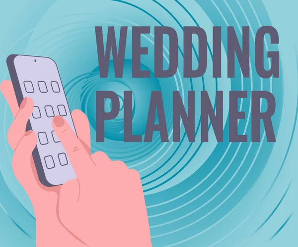 Schreiben von Text Hochzeitsplaner. Business Schaufenster Wedding Planner Hands Holding Technological Device Drücken der Applikationstaste. — Stockfoto