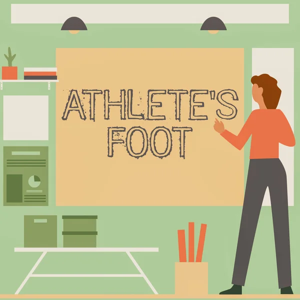 Podpis koncepcyjny: Athlete S Is Foot. Słowo na grzybicze zakażenie stopy oznaczone pęcherzami Businesswoman Casual Stojąc prezentując wykresy i nowe wspaniałe pomysły. — Zdjęcie stockowe
