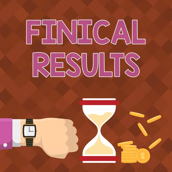 Text sign showing Finical Results. Business idea written records that convey the business activities Businessman Using Wristwatch Showing Hourglass Indicating Valuable Measures. — Stock Photo, Image