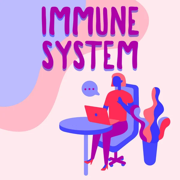 Writing displaying text Immune System. Word Written on host defense system comprising many biological structures Woman Sitting Office Desk Using Laptop With Speech Bubble Beside Plant. — Stock Photo, Image