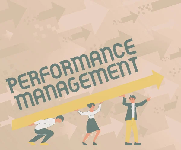 Conceptual caption Performance Management. Concept meaning Improve Employee Effectiveness overall Contribution Four Colleagues Drawing Standing Holding Large Arrow For Success. — Stock Photo, Image