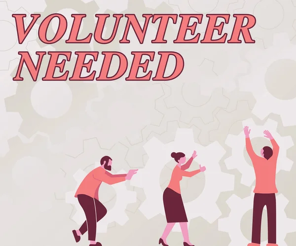 Τίτλος κειμένου που παρουσιάζει τους Εθελοντές που χρειάζονται. Επιχειρηματική ιδέα Εθελοντές Συνάδελφοι που μεταφέρουν γρανάζια Τακτοποιούν Νέα Ροή Εργασίας Επίτευξη Ομαδικότητας. — Φωτογραφία Αρχείου
