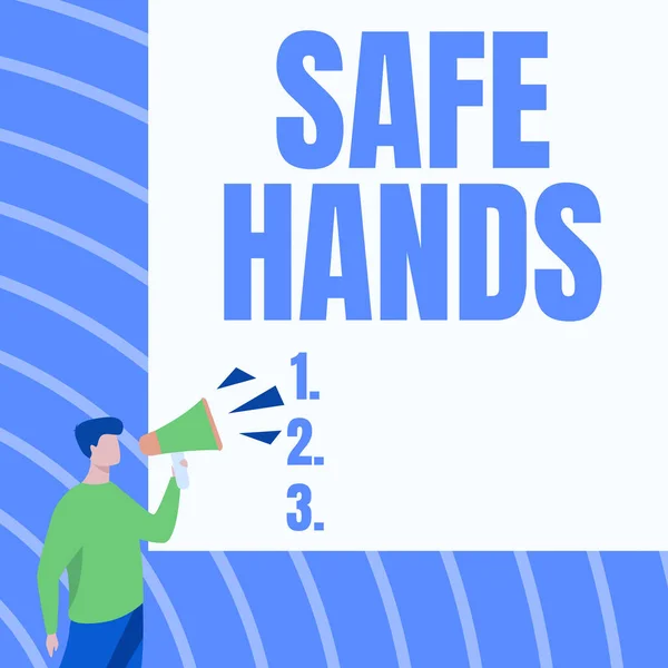 Text sign showing Safe Hands. Business idea Ensuring the sterility and cleanliness of the hands for decontamination Businessman Drawing Talking Through Megaphone Making New Announcement. — Stock Photo, Image