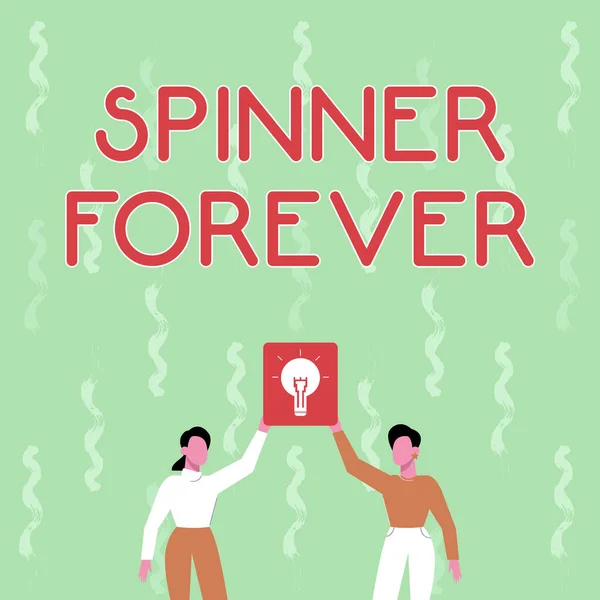 Sign displaying Spinner Forever. Business overview stress reliever for showing who tend to fidget Flat top Two Colleagues Holding Lamp Presenting New Achievement Reached. — Stock Photo, Image