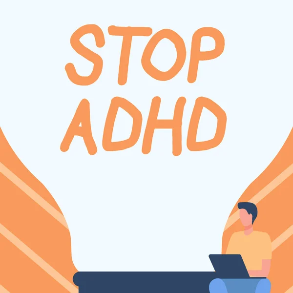 Texto que muestra inspiración Stop Adhd. Enfoque empresarial Ponga fin al trastorno de salud mental de los niños Caballero hiperactivo sentado y usando un ordenador portátil junto a una bombilla grande. — Foto de Stock