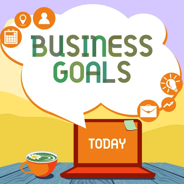 Conceptuele bijschrift Business Goals. Bedrijfsconcept Verwacht te bereiken over een bepaalde periode Hand typen op Laptop Naast Coffe mok en plant werken vanuit huis. — Stockfoto