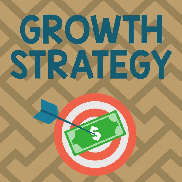 Стратегия роста почерка. Стратегия интернет-концепции, направленная на завоевание большей доли рынка в краткосрочной перспективе Валюта, закрепленная стрелкой, описывающая финансовое планирование. — стоковое фото