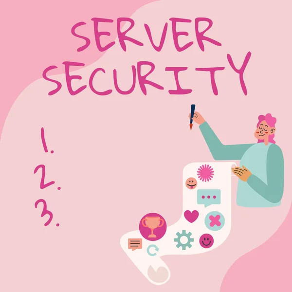 テキストサーバーのセキュリティを表示する書き込み。安全なオンライン取引を保証するインターネットコンセプトWebサーバレディは、彼女の業績目標プロジェクトのアイデアを示す論文を発表. — ストック写真
