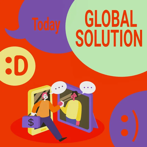 Textschild mit globaler Lösung. Konzept bedeutet, mit einer schwierigen Situation umzugehen, die Ländern helfen kann Zwei Kollegen treffen sich online, um zukünftige Projektideen zu diskutieren. — Stockfoto