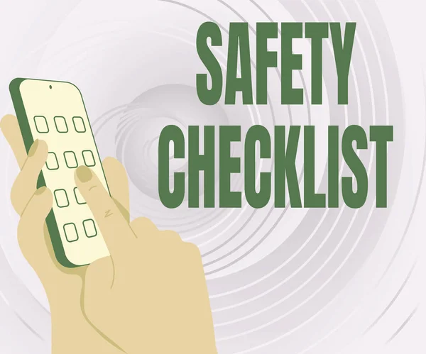Conceptual display Safety Checklist. Internet Concept list of items you need to verify, check or inspect Hands Holding Technological Device Pressing Application Button.