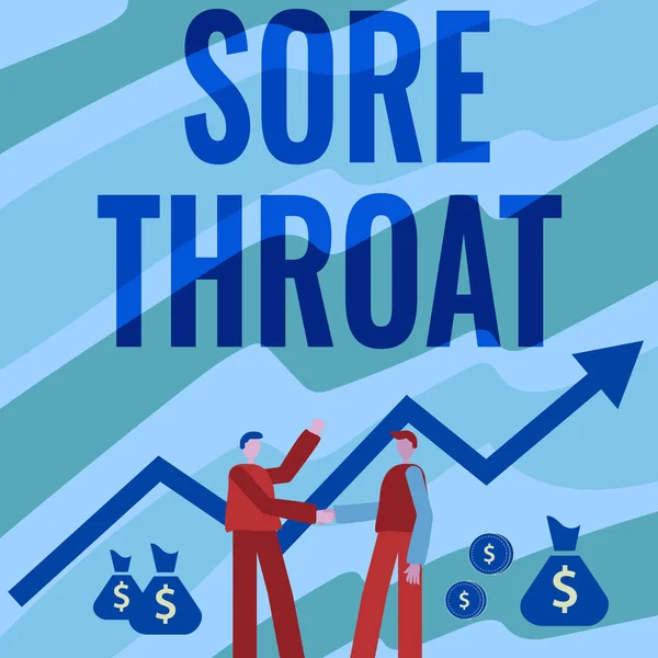 Inspiration visar tecken Sore Throat. Affärsidé Inflammation ot svalget och såser som ett resultat av en irritation Två män stående skakning händer med finansiella pilen för tillväxt och pengar påsar. — Stockfoto