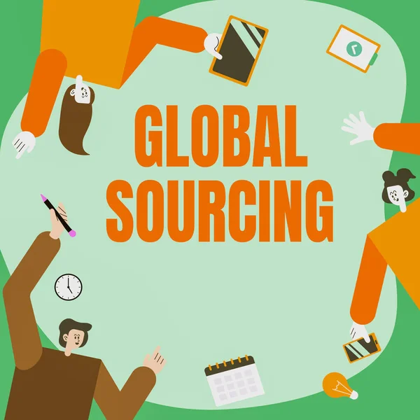 Teksten met Global Sourcing. Zakelijke aanpak praktijk van sourcing uit de wereldmarkt voor goederen Collega 's Carrying S Decorating Mobile Application Defining Teamwork. — Stockfoto