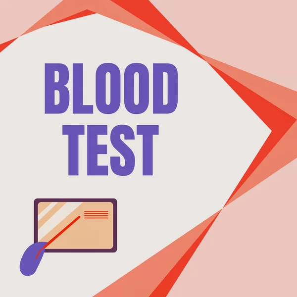 혈액 검사 결과가 나왔어요. ( 영어 ) 컨셉트 사진 : Extracted blood sample from a organism to perperfom a lab analysis Card Drawing With Hand Pointing stick at Small Details. — 스톡 사진