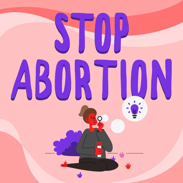 Üzenet, ami Abortusz leállítását mutatja. Üzleti koncepció, hogy hagyja abba az orvosi eljárás, amely régen véget vetett a terhesség Lady Ül a parkban Fújás léggömbök gondolkodás új gondolatok ötlettel lámpa. — Stock Fotó