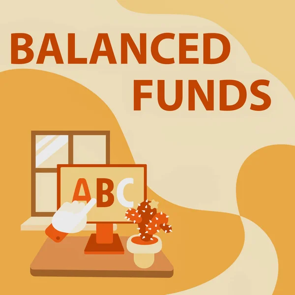 Text, der Inspiration für Balanced Funds zeigt. Geschäftsidee Hybrid-Investmentfonds, der verschiedene Wertpapiere kombiniert Hand Zeigt Buchstaben Zeigen Web-Browser-Bildschirm mit Kaktus auf der Seite. — Stockfoto