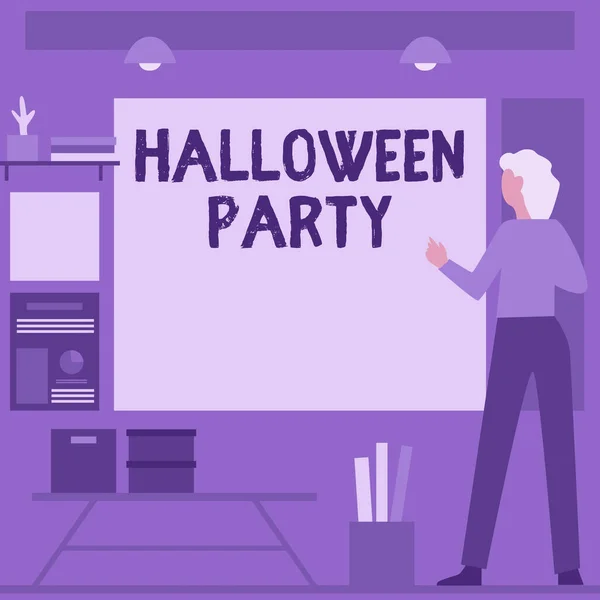 Schild mit der Aufschrift "Halloween Party". Konzeptfotoabend zum christlichen Fest Allerheiligen Geschäftsfrau Casual Standing präsentiert Charts und neue wunderbare Ideen. — Stockfoto