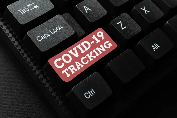 Leyenda conceptual Covid 19 Tracking. Concepto que significa Distinguir el proceso de los posibles individuos infectados Escribir Análisis de Texto de Investigación en Línea, Transcribir el Email de Voz Grabado — Foto de Stock