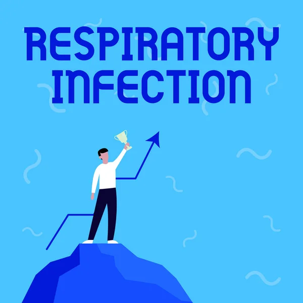Znak zobrazující respirační infekci. Obchodní nápad jakékoliv infekční onemocnění, které přímo ovlivňuje normální dýchání podnikatel kreslení stojící na Big Rock pyšně drží trofej. — Stock fotografie