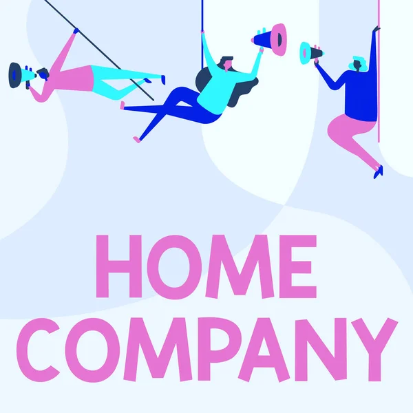 Signe d'écriture Home Company. Photo conceptuelle Petite entreprise exploitée dans les locaux du propriétaire Personnes Dessin suspendu au plafond avec mégaphones faisant l'annonce. — Photo