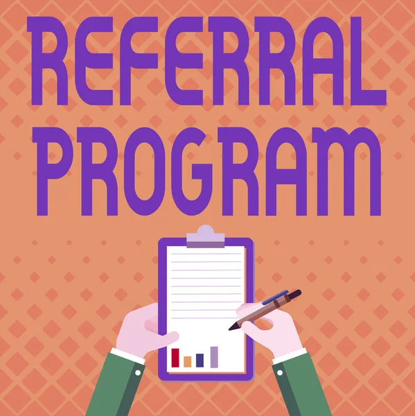 Conceptual caption Referral Program. Business overview sending own patient to another physician for treatment Business Associate Holding Clipboard Documenting Reports With Pen. — Stock Photo, Image