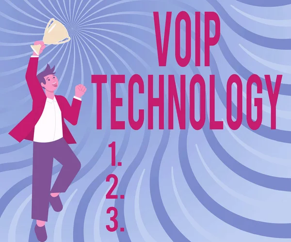 Υπογραφή εμφάνισης τεχνολογίας Voip. Επιχειρηματική ιδέα Voip Technology Gentleman Jumping Excitedly Holding Trophy Εμφάνιση επιτευγμάτων. — Φωτογραφία Αρχείου