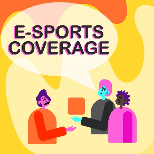 İlham, E Sports Coverage işaretini gösteriyor. En son spor yarışmasını canlı olarak sunan iş fikri. Küp Gösteren Meslektaşlar Geleceği Temsil Eden Takım Çalışmaları Projesi. — Stok fotoğraf