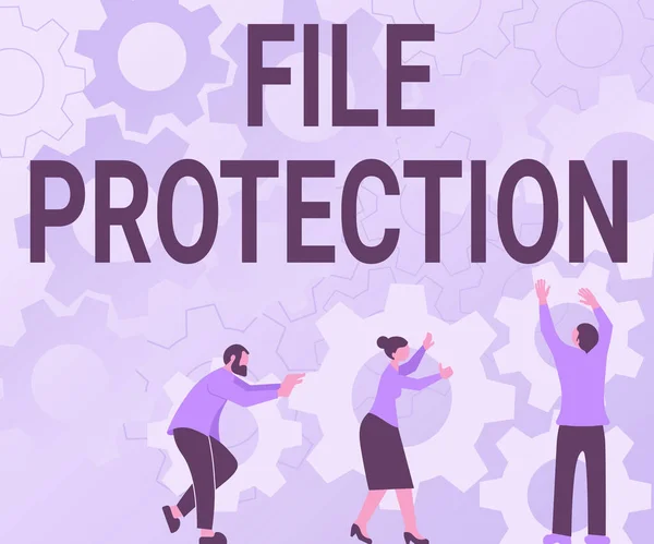 Sign displaying File Protection. Word Written on Preventing accidental erasing of data using storage medium Colleagues Carrying Cogwheels Arranging New Workflow Achieving Teamwork. — Stock Photo, Image