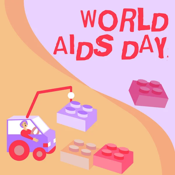 Πινακίδα γραφής χεριών Παγκόσμια Ημέρα AIDS. Εννοιολογική φωτογραφία World Aids Day Man in Crane Μετακίνηση γύρω από μπλοκ Παρουσιάζοντας νέες ιδέες. — Φωτογραφία Αρχείου
